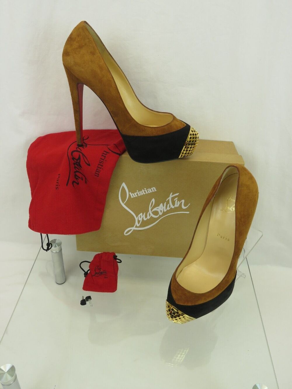 NEW LOUBOUTIN MAGGIE 140 BROWN BLACK SUEDE METAL TOE PLATFORM PUMPS 39
